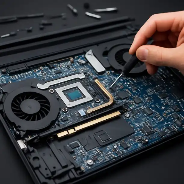 Τεχνικός TechNick πραγματοποιεί συντήρηση σε μητρική πλακέτα και σύστημα ψύξης laptop